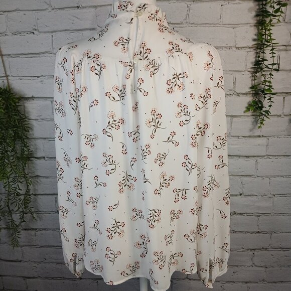 WOMENS FLORAL LOFT BLOUSE, PEASANT SLEEVES, RUFFLED COLLAR CREAM, SIZE XS - Picture 6 of 8